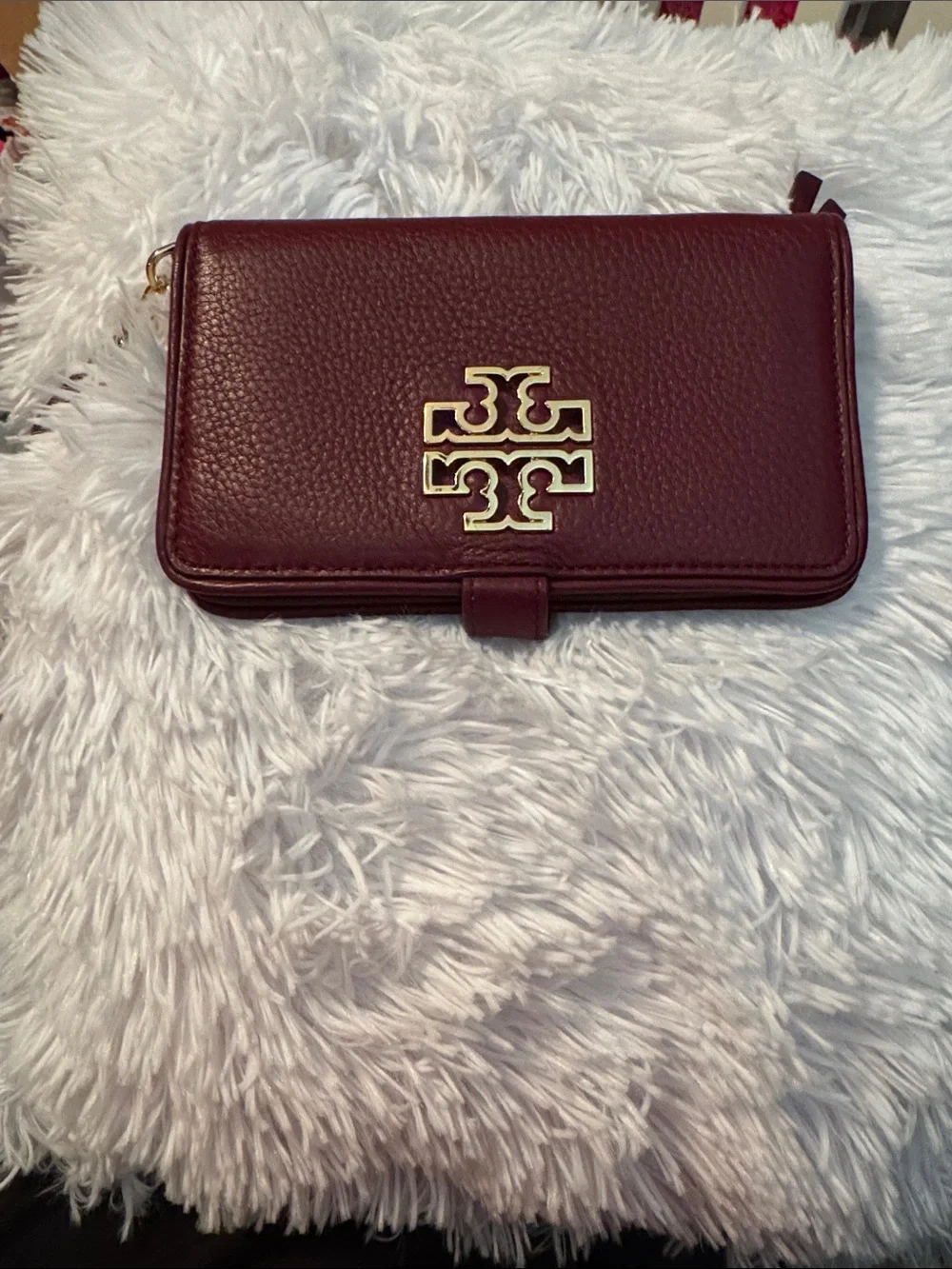 Tory Burch Wine Red Pebbled Leather Phone Case with Gold Logo